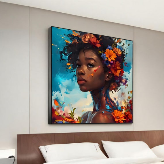 Ethnic Woman Floral Crown Canvas Painting Colorful Abstract Portrait Unique Wall Art For Modern Home Decor Gift