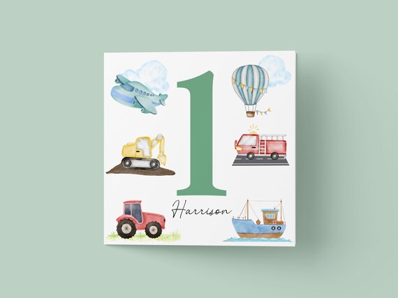 Personalized Transport First Birthday Card With Vehicles Number One and Name Print