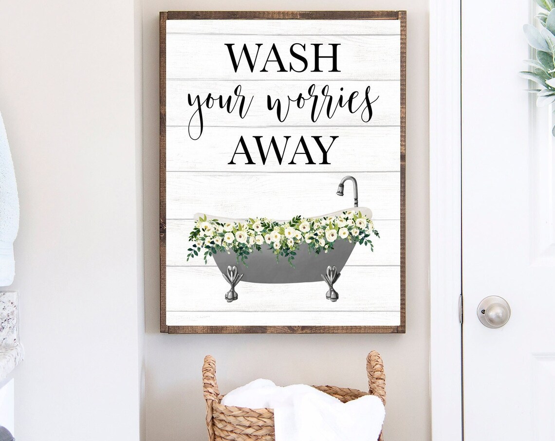 Wash Your Worries Away Gray Clawfoot Bathtub White Flowers Poster