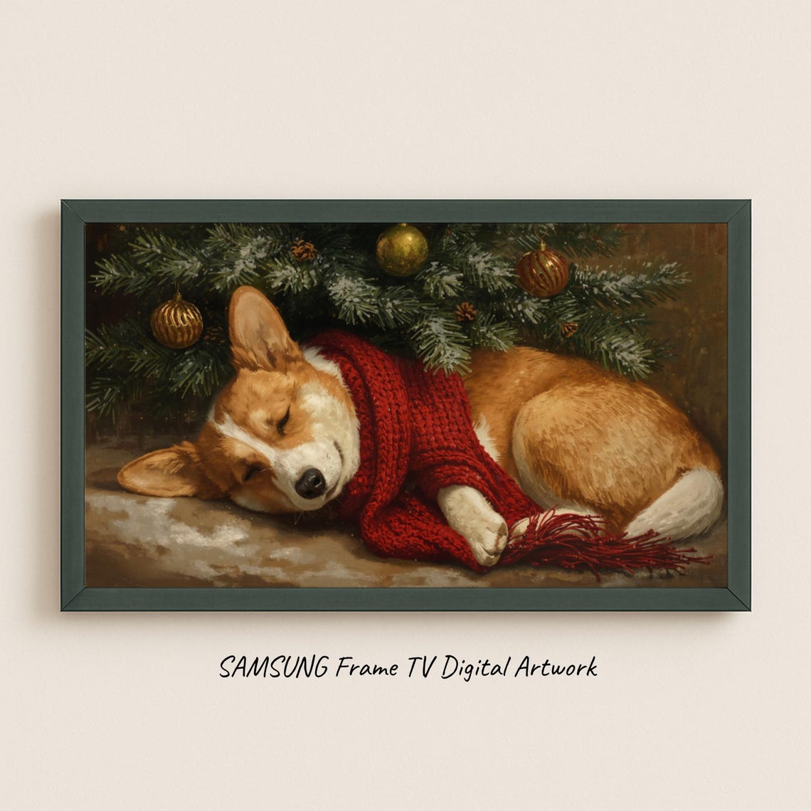 Samsung Frame Tv Art Resting Corgi By The Christmas Tree Holiday Oil Painting