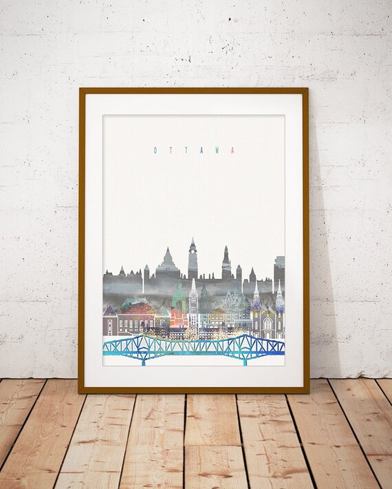 Ottawa Canada Watercolor Skyline Parliament Hill Bridge Poster