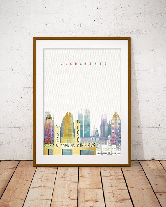 Sacramento Watercolor Skyline Gold Lift Bridge Pastel Letter Poster