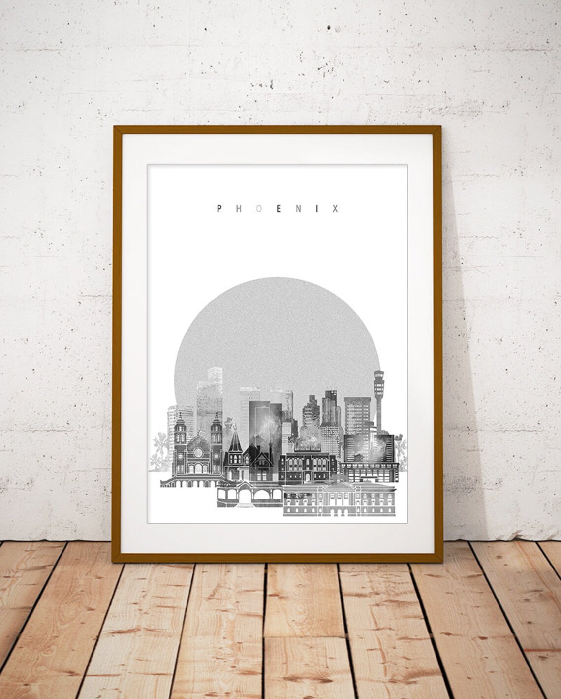 Phoenix Skyline Moonlit Black And White City Silhouette Art Poster