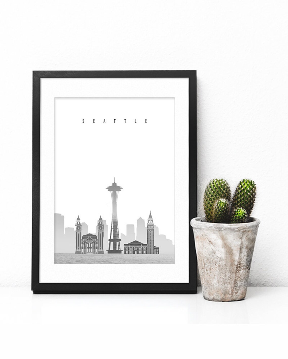Seattle Washington Space Needle Black White Skyline Poster Art - Image 2