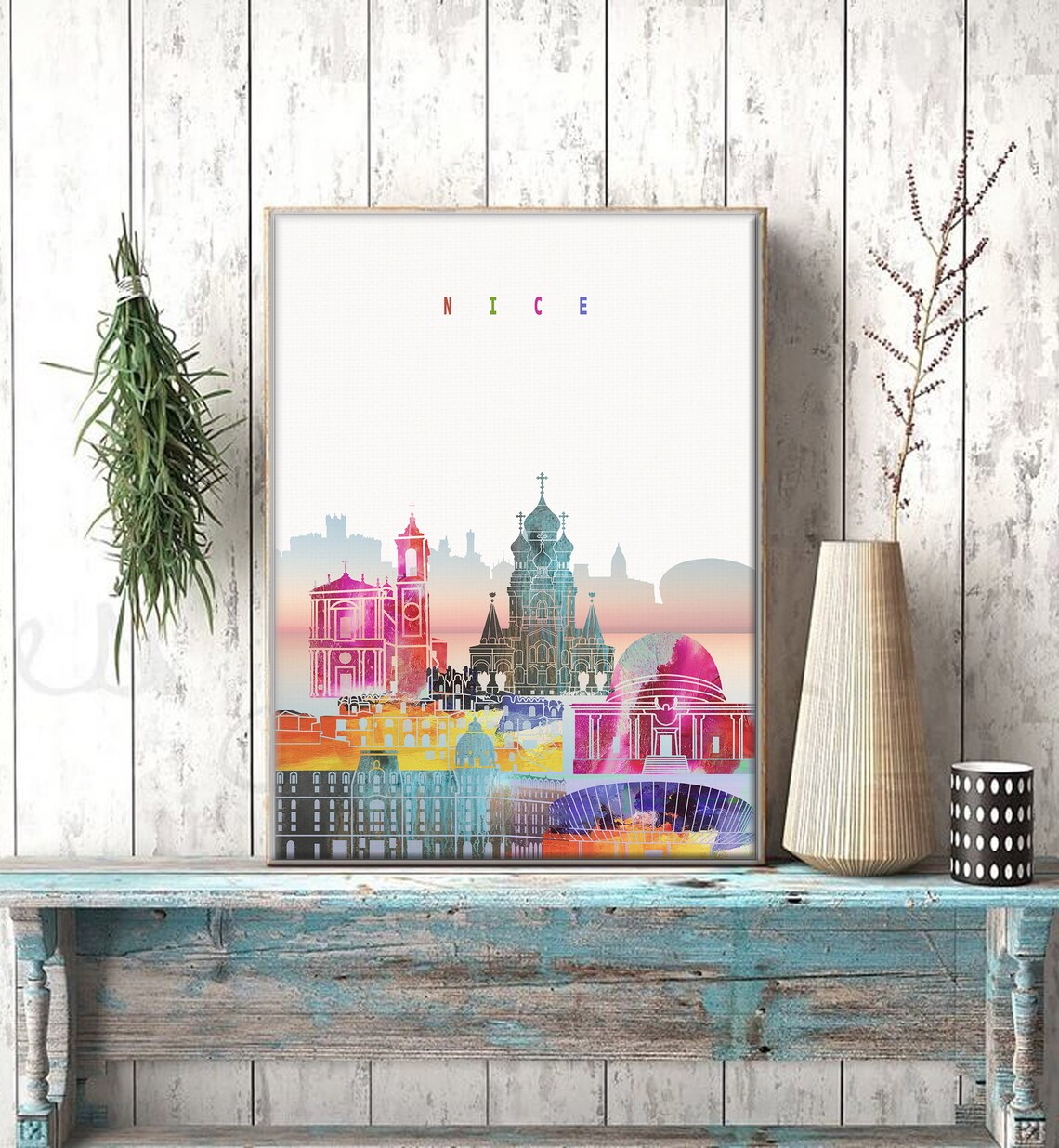 Nice France Sunset Watercolor Riviera Skyline Art Modern Home Decor Poster