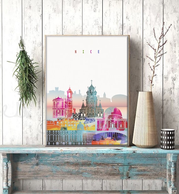 Nice France Sunset Watercolor Riviera Skyline Art Modern Home Decor Poster