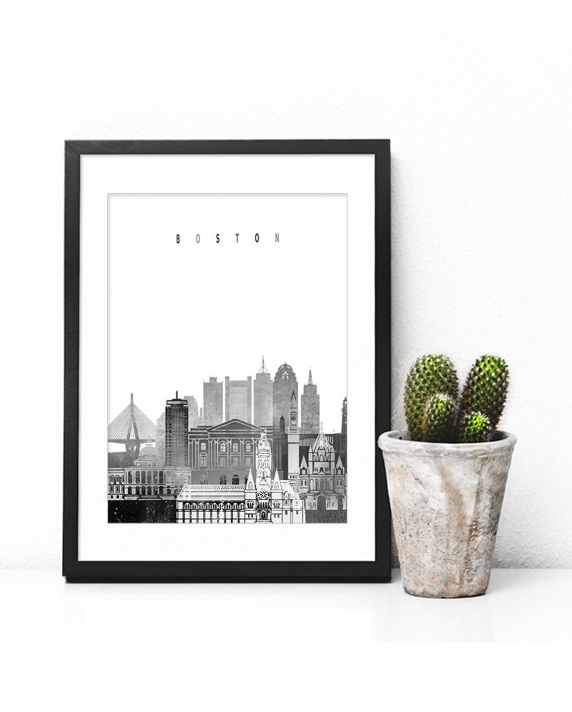 Boston Black and White City Skyline Minimalist Watercolor Poster - Image 2