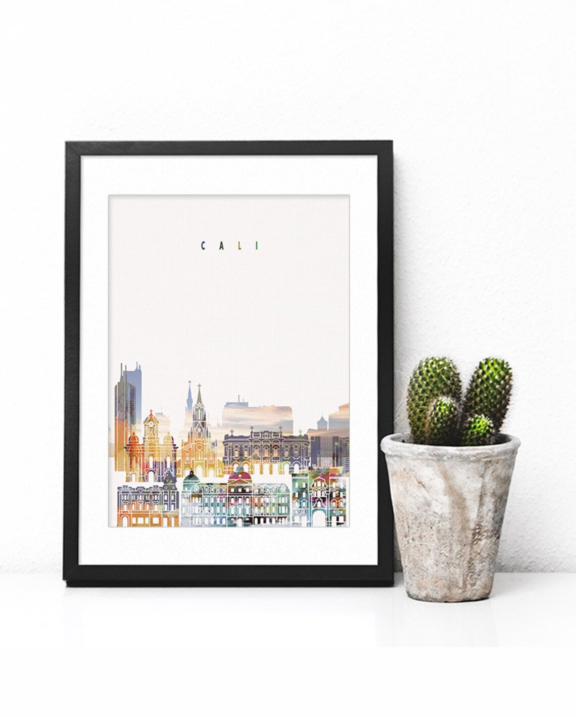 Cali Colombia Golden Modern Watercolor City Skyline Artwork Poster - Image 2