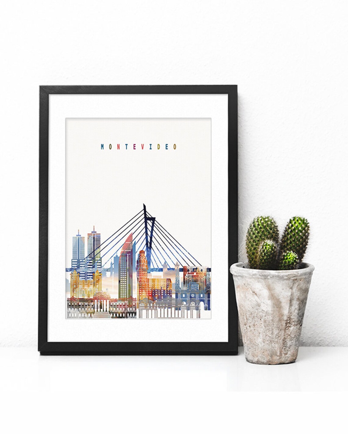 Montevideo Uruguay Colorful Watercolor City Skyline Bridge Poster - Image 2