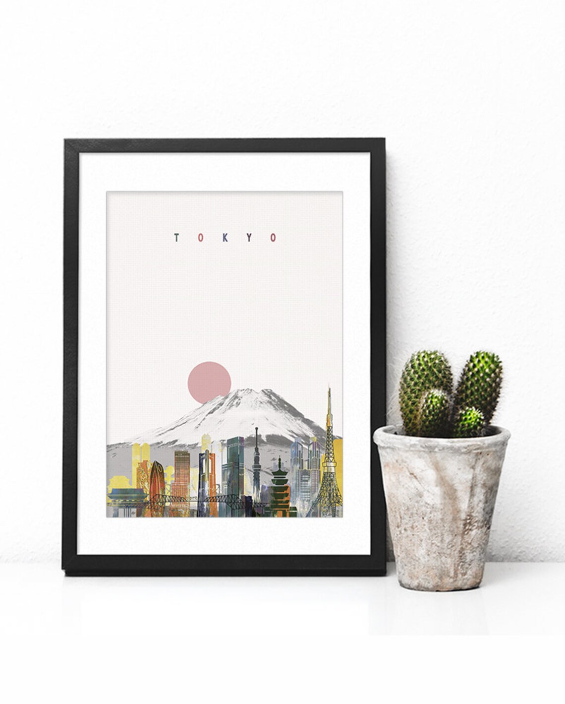 Tokyo Japan Watercolor Skyline Mount Fuji Red Sun Pastel Art Poster - Image 2
