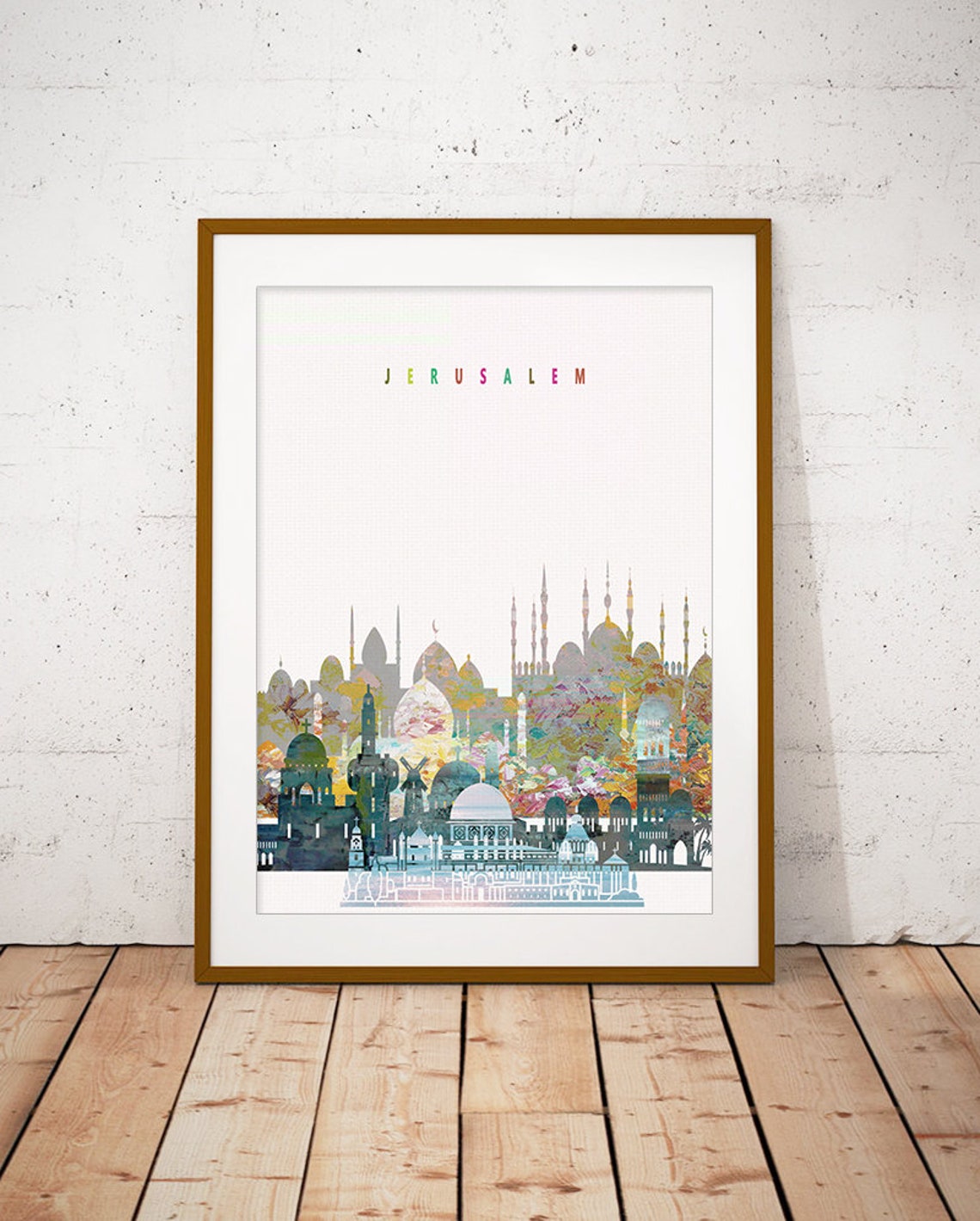 Jerusalem Watercolor City Skyline with Domes and Minarets Poster - Image 2