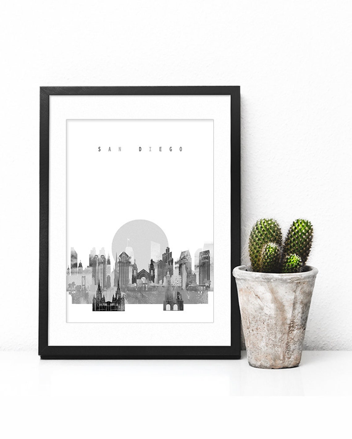 San Diego Black and White Skyline Moon Minimalist Decor Poster - Image 2