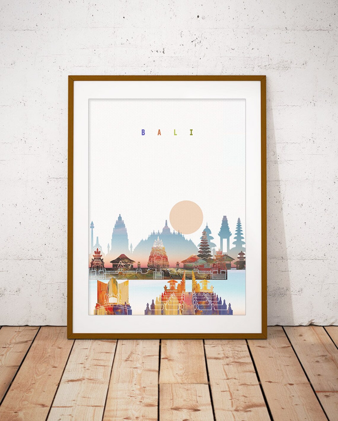 Bali Indonesia Temple Sunset Watercolor Skyline Travel Poster - Image 2