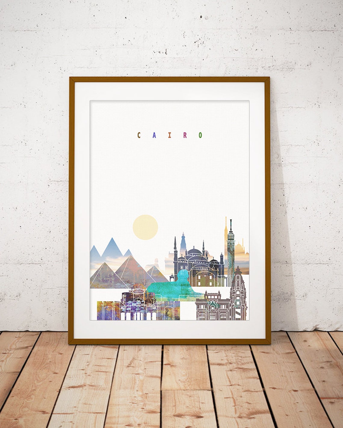 Cairo Egypt Pyramids And Sphinx Colorful Desert Skyline Art Poster