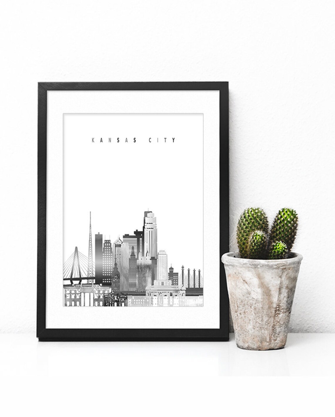 Kansas City Skyline Black And White Watercolor City Art Poster - Image 2
