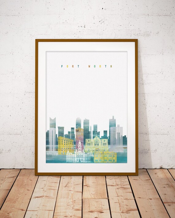 Fort Worth Texas Downtown Cowtown Watercolor Skyline Poster Art