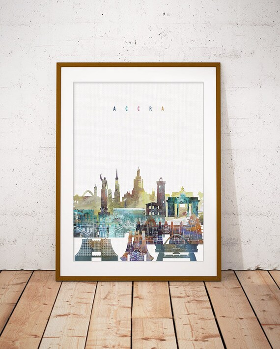 Accra Ghana Colorful Modern Watercolor City Skyline Landmarks Print