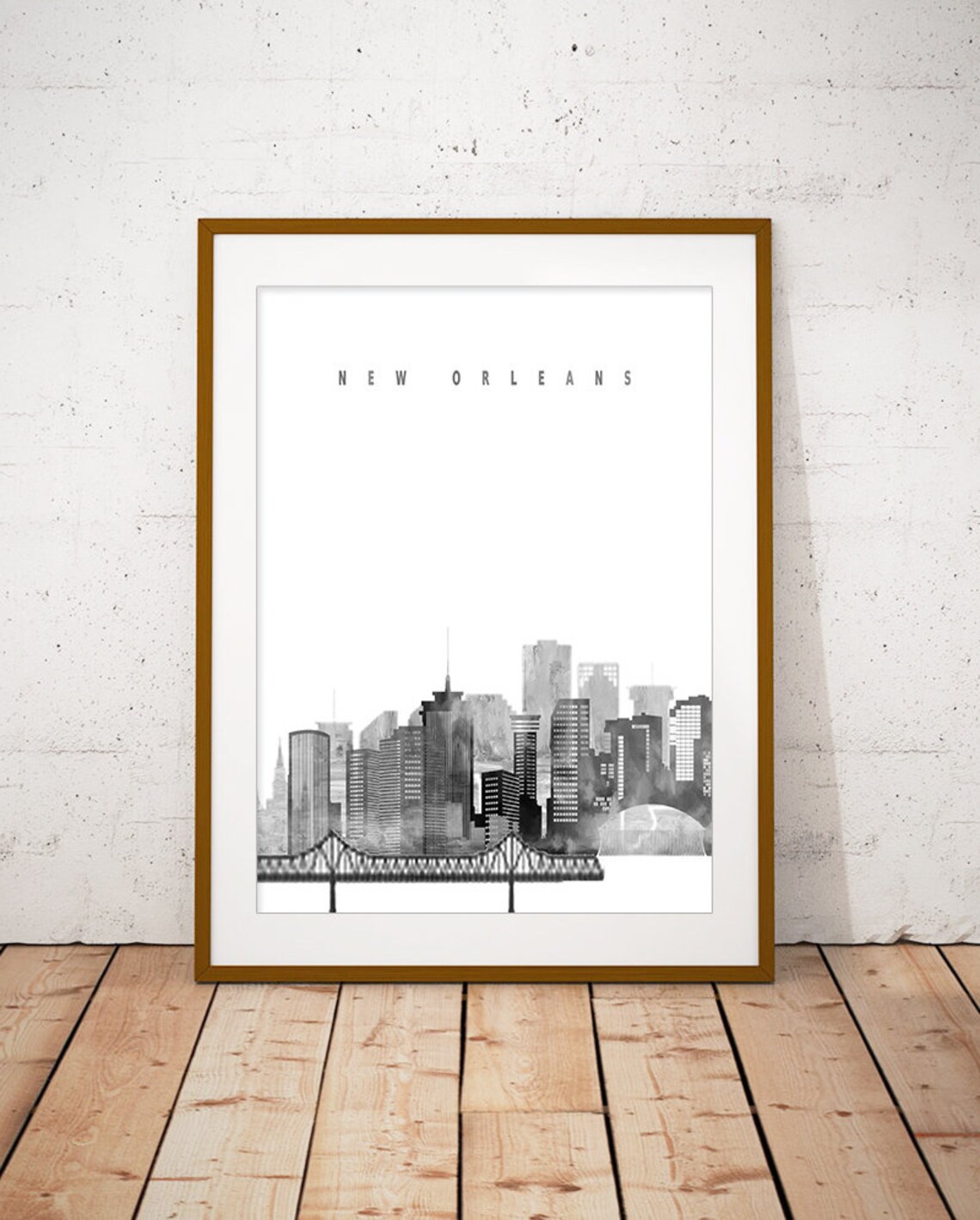 New Orleans Louisiana Black and White Watercolor Skyline Poster