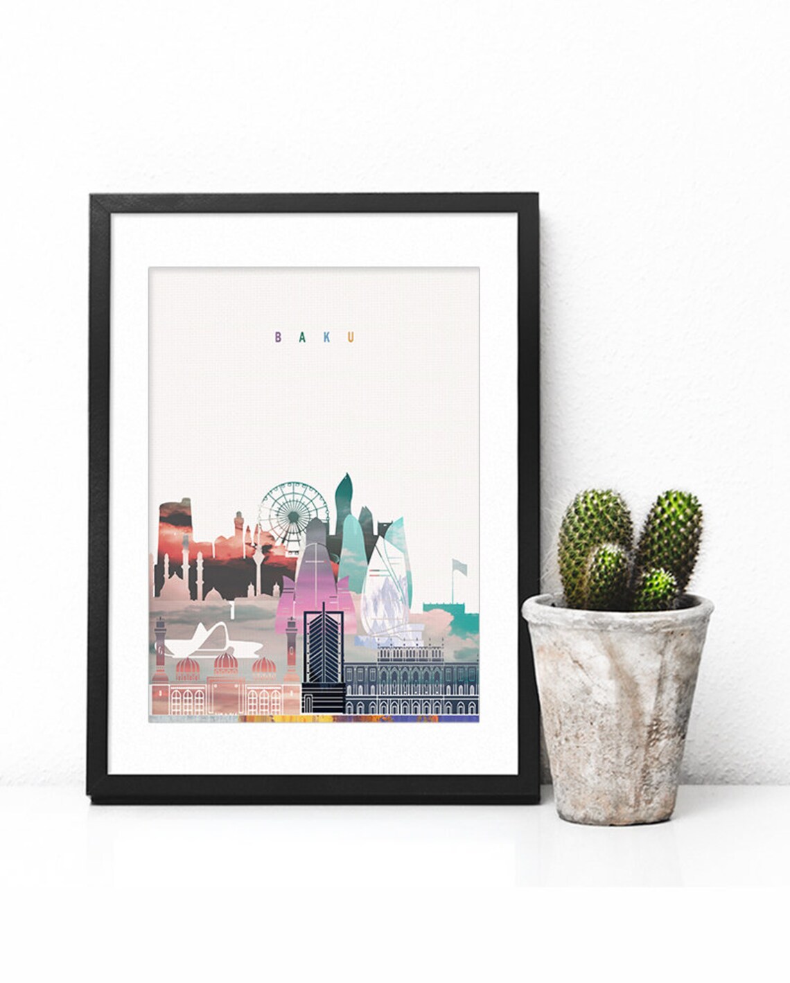 Baku Watercolor Skyline Flame Towers Modern Home Decor Poster - Image 3