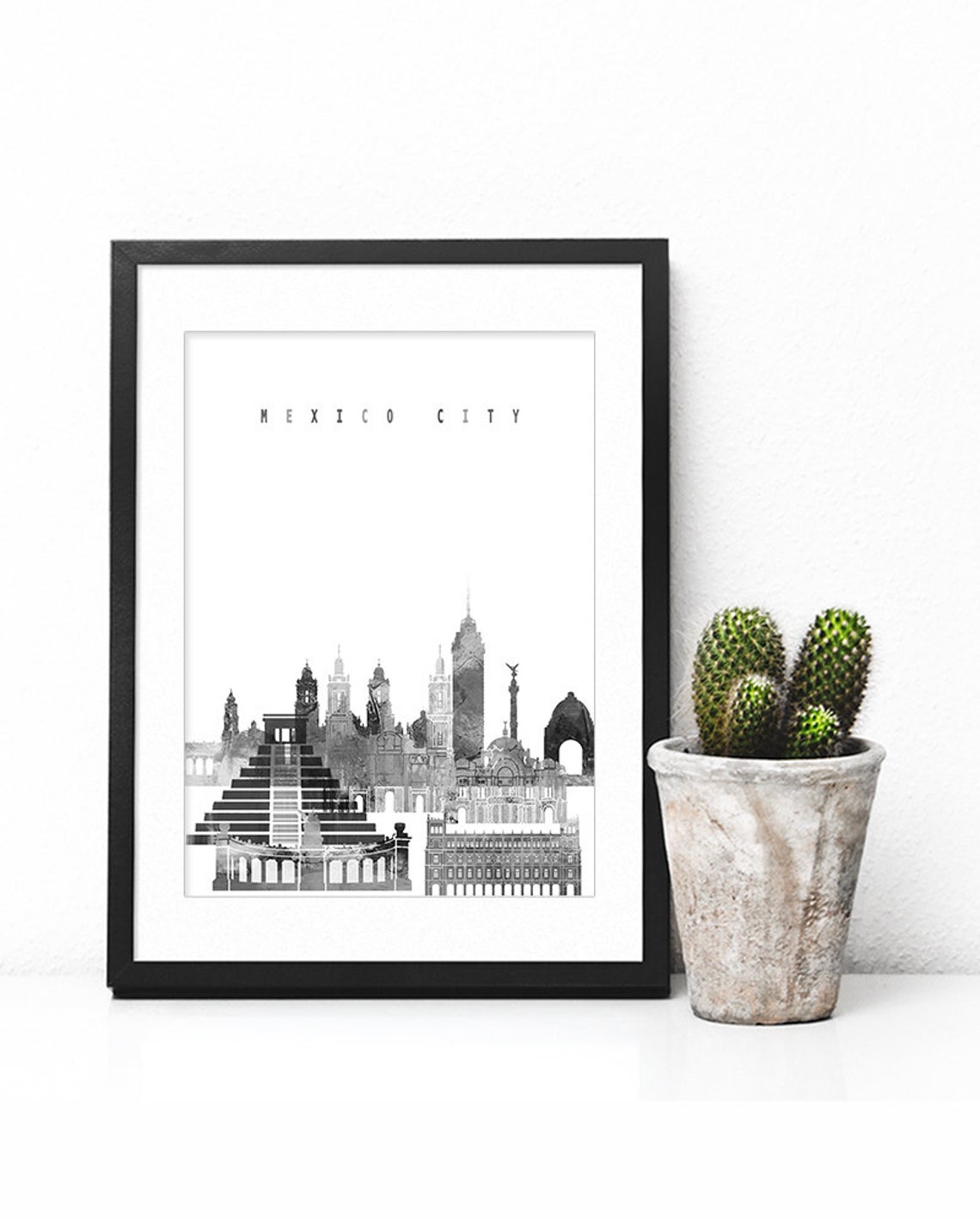 Mexico City Skyline Monochrome Watercolor Cityscape Art Poster - Image 2