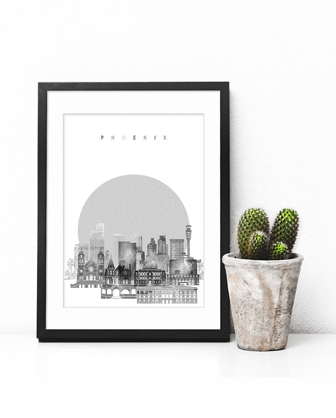 Phoenix Skyline Moonlit Black And White City Silhouette Art Poster - Image 2