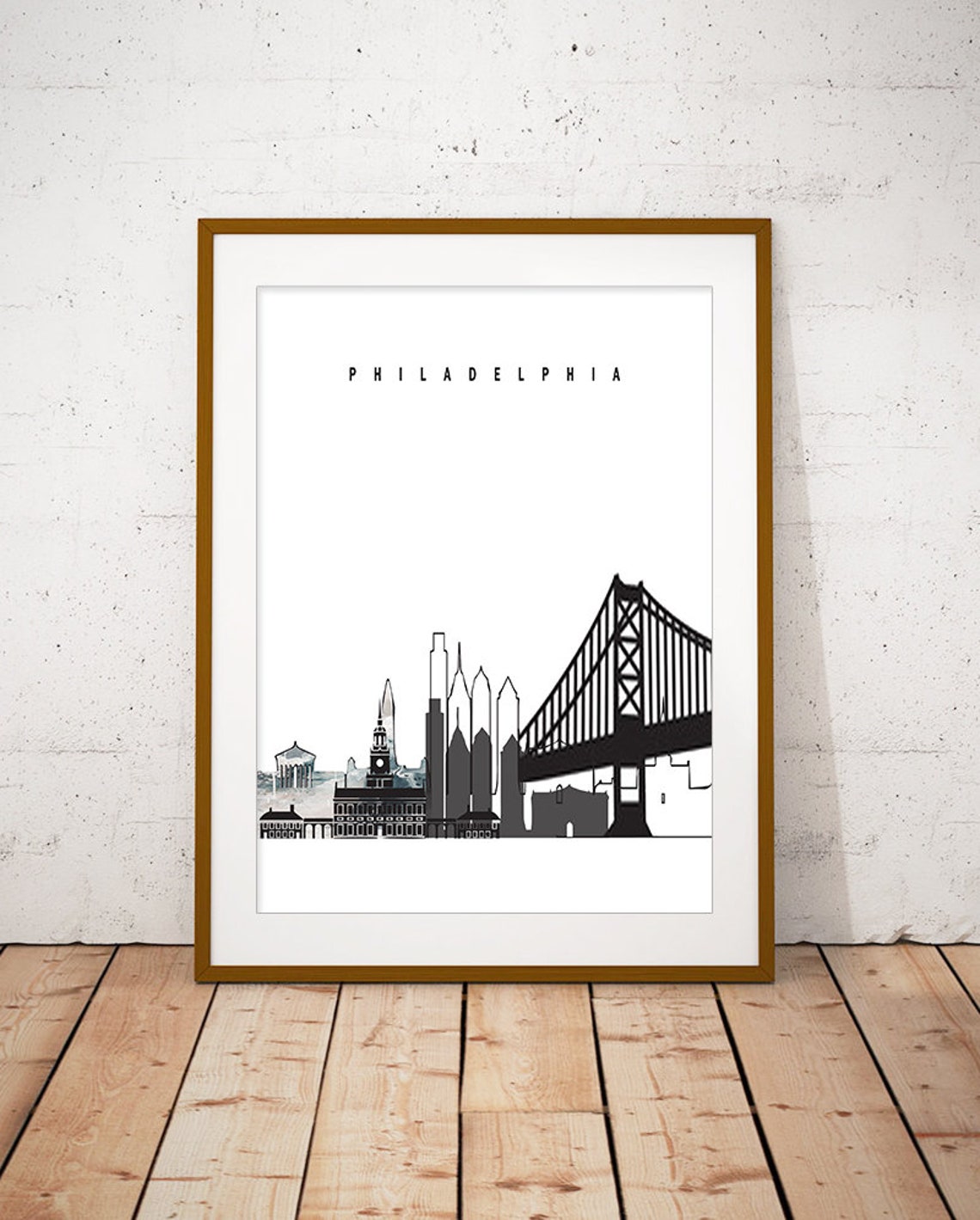 Philadelphia Gray Scale Ben Franklin Bridge Skyline Poster Art