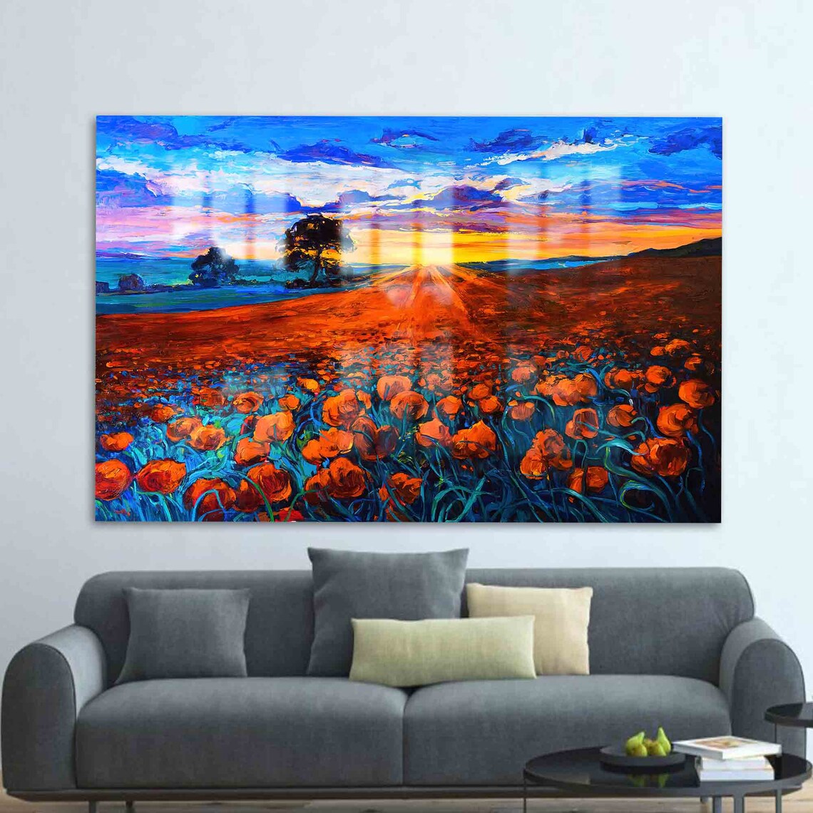 Red Poppies Field at Sunset Vivid Impasto Oil Painting Poster