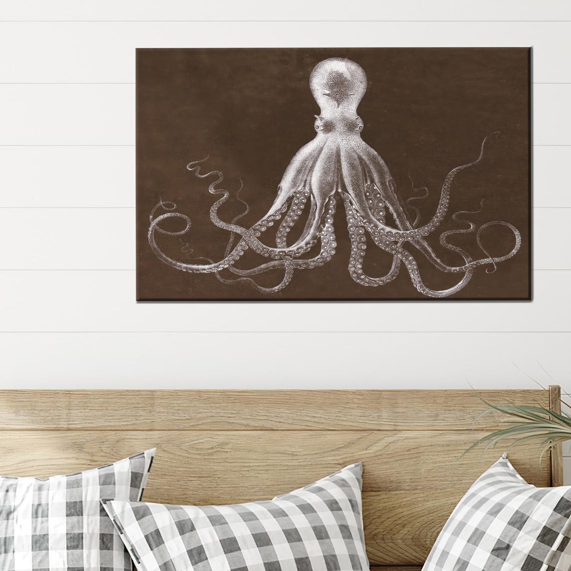 White Octopus Illustration on Dark Brown Vintage Scientific Poster