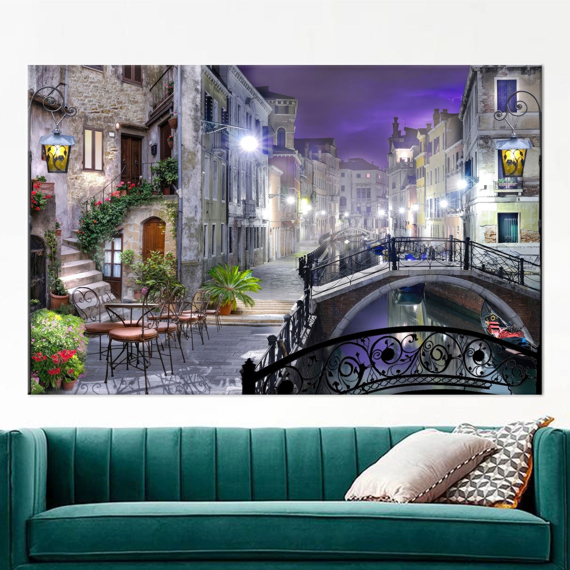 Venice Canal Bridge and Cafe Terrace at Dusk Romantic European Poster