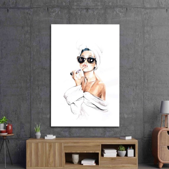 Fashion Woman Sunglasses Lipstick Turban Watercolor Beauty Portrait Poster