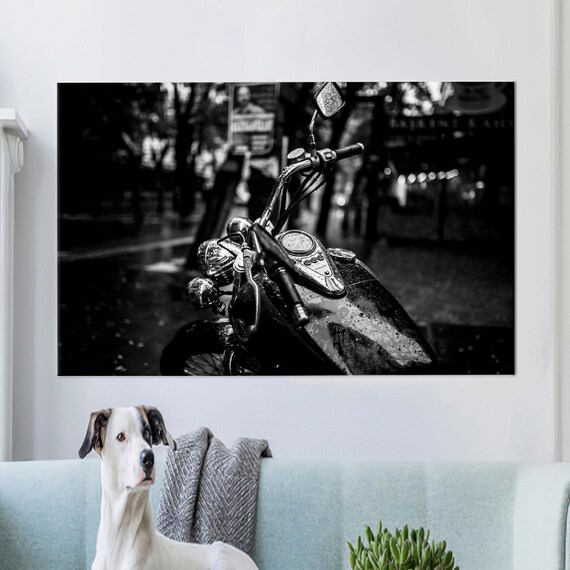 Black White Motorcycle Rain Street Photography Vintage Bike Poster
