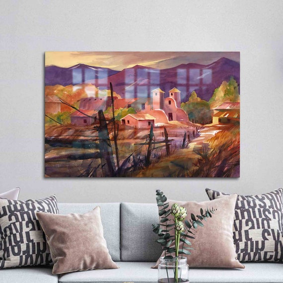 Glass Wall Art Decor Mexican Village Landscape Mountain Decoration