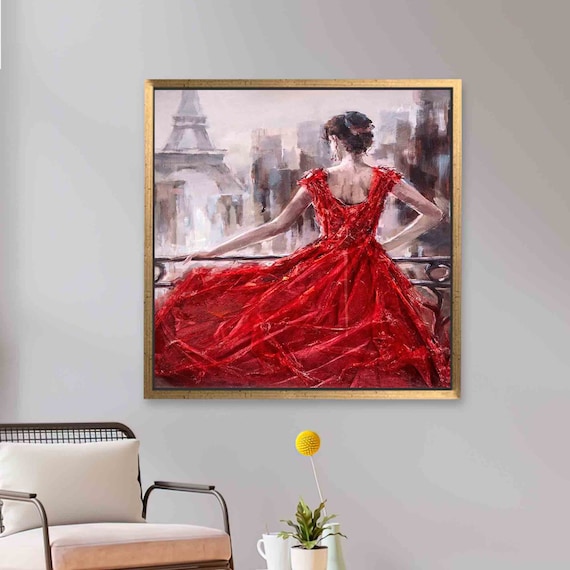 Woman In Red Gown Eiffel Tower Paris Balcony Oil Painting Poster