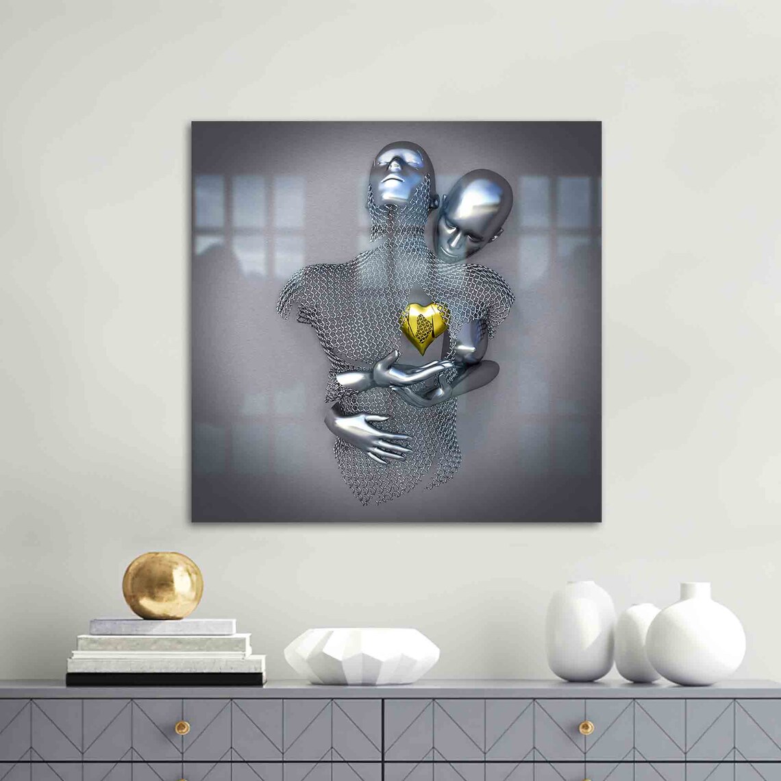 Silver Hugging Couple Romantic Bedroom Art Print
