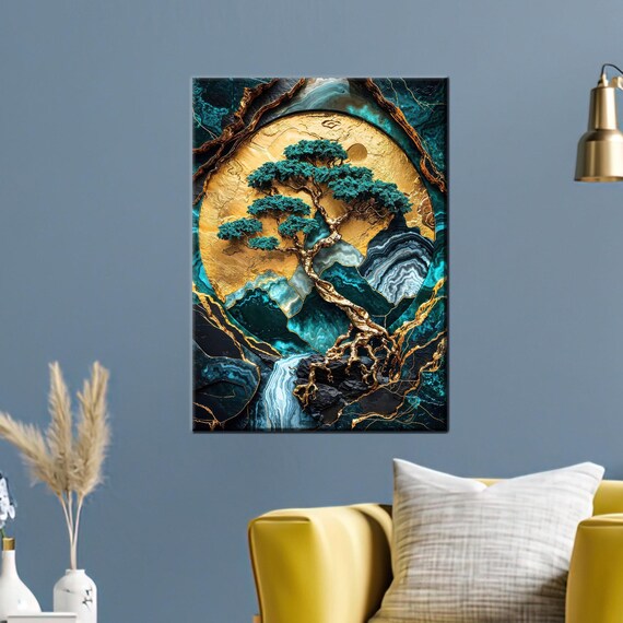 Golden Moon Bonsai Canvas Wall Art Textured Tree And Waterfall Poster Mystical Nature Landscape Print For Elegant Zen Or Luxe Decor