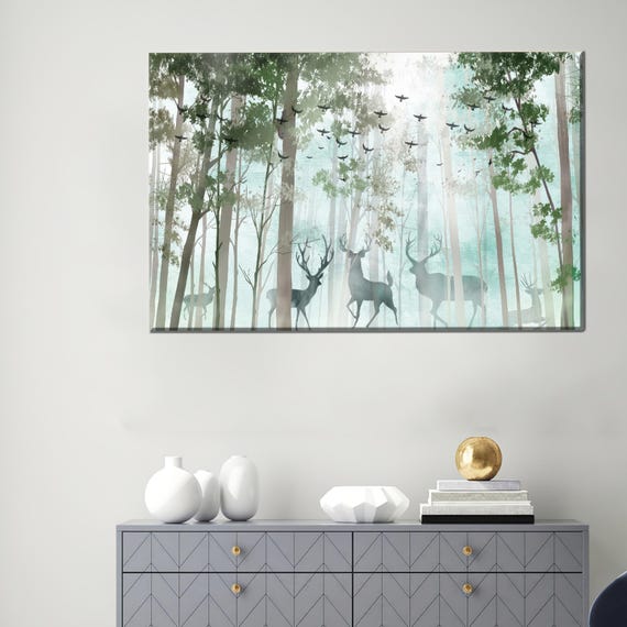 Personalized Wedding Gift For Couple Modern Art Landscape Canvas Decor Deer In Forest Poster Home Decoration