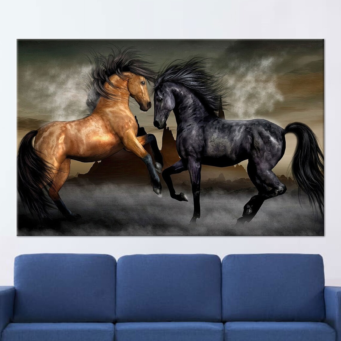 Two Majestic Horses Facing Each Other in Stormy Desert Fantasy Art Poster