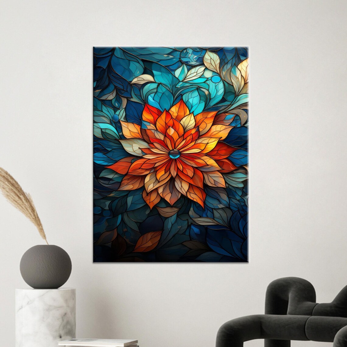 Bold Orange and Blue Stained Glass Style Flower Poster for Living Room