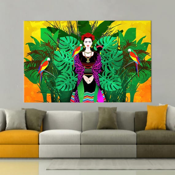 Frida Wall Art Famous Canvas Gift Kahlo Artwork With Parrots Illustraion Printed Floating Frame