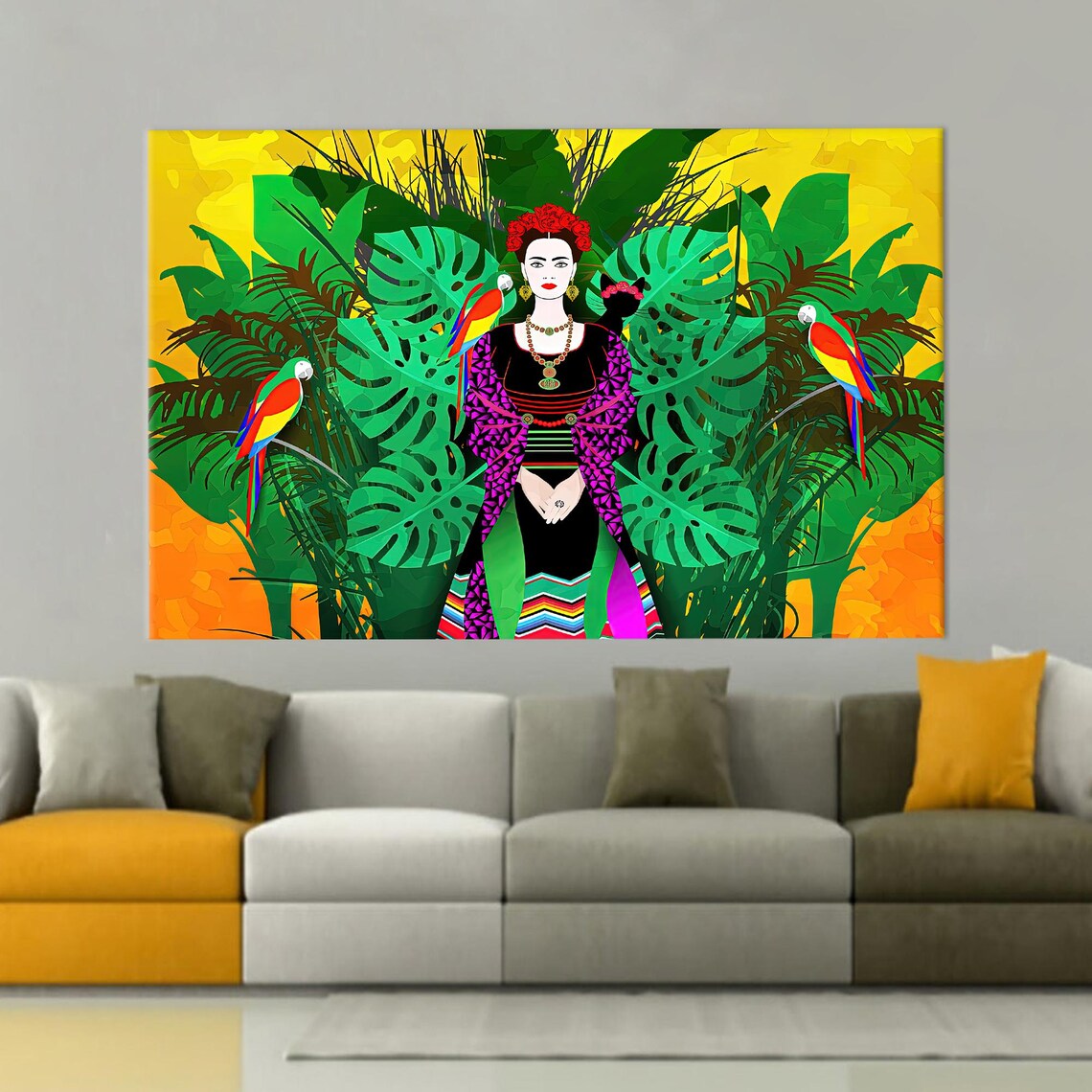 Frida Kahlo Tropical Portrait Parrots Colorful Mexican Inspired Art Print