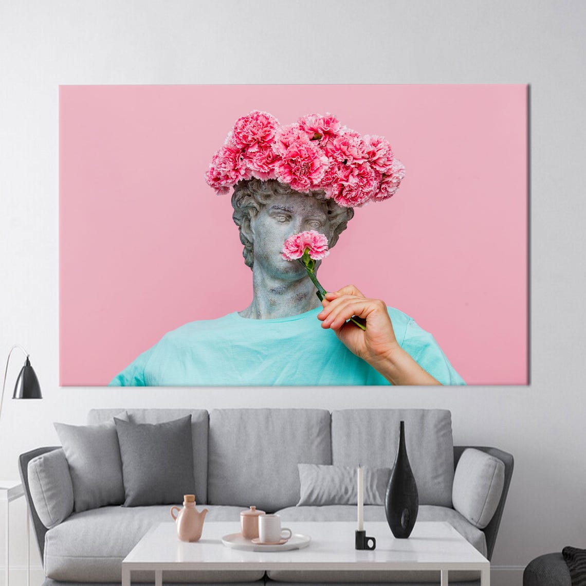 Pink Carnation Statue Head Pop Art Portrait Modern Floral Canvas Print
