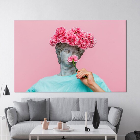 Pink Carnation Statue Head Pop Art Portrait Modern Floral Canvas Print