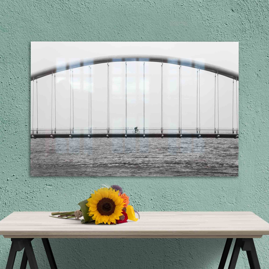 Black and White Bridge Over Water Lone Cyclist Classic Photo Poster