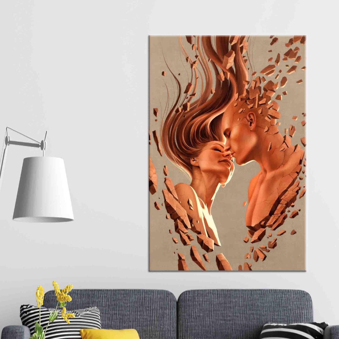 Lovers Embrace Fragmented Stone Sculpture Romantic Surreal Wall Art