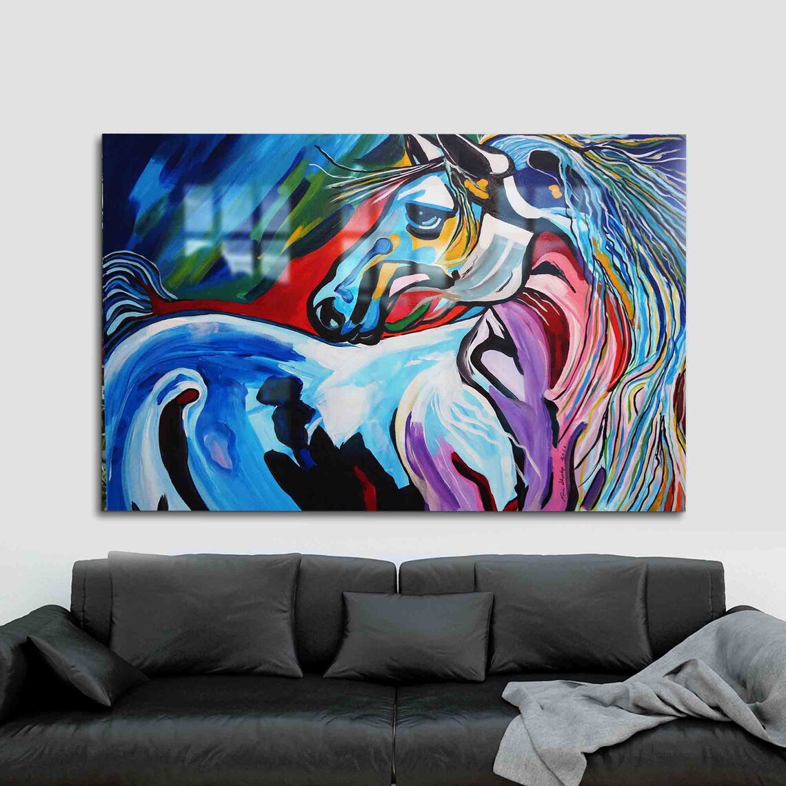 Colorful Abstract Horse in Flowing Blue and Purple Brushstrokes Poster
