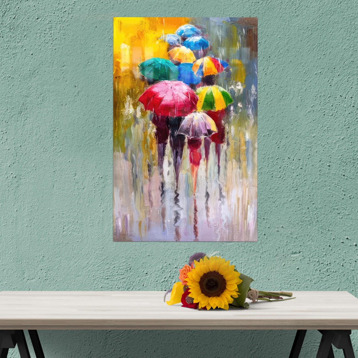 Rainy Street Colorful Umbrellas Crowd Impressionist Art Poster