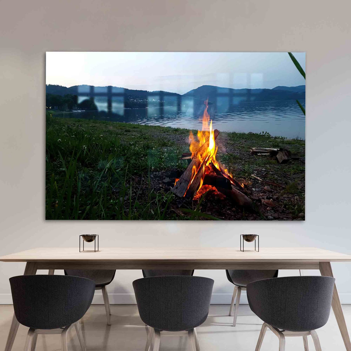 Campfire by the Lake at Dusk Cozy Evening Photography Wall Art