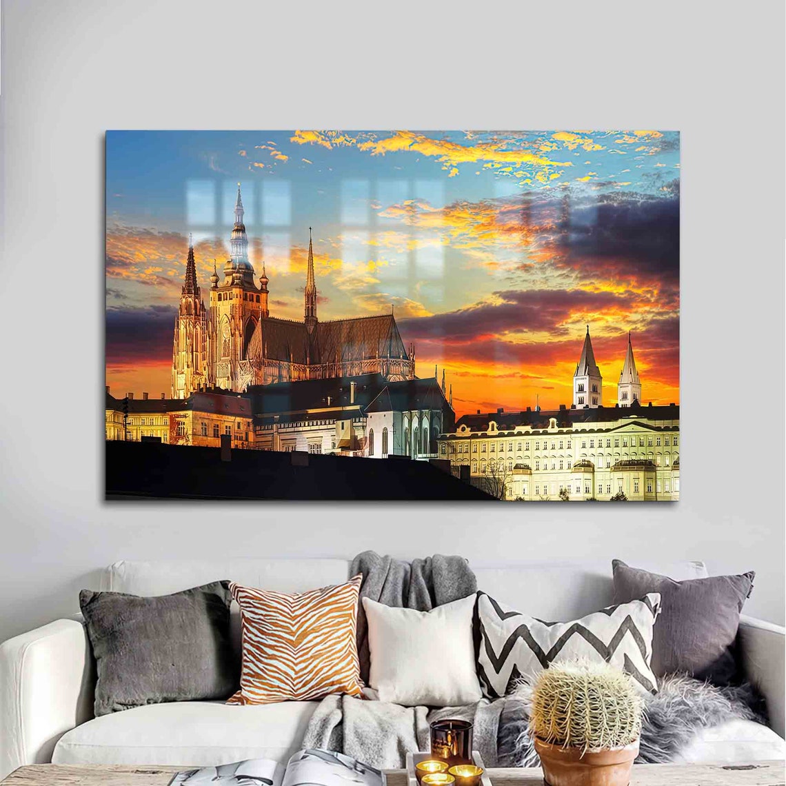Prague Castle St Vitus Cathedral Sunset Golden Gothic Landmark Poster