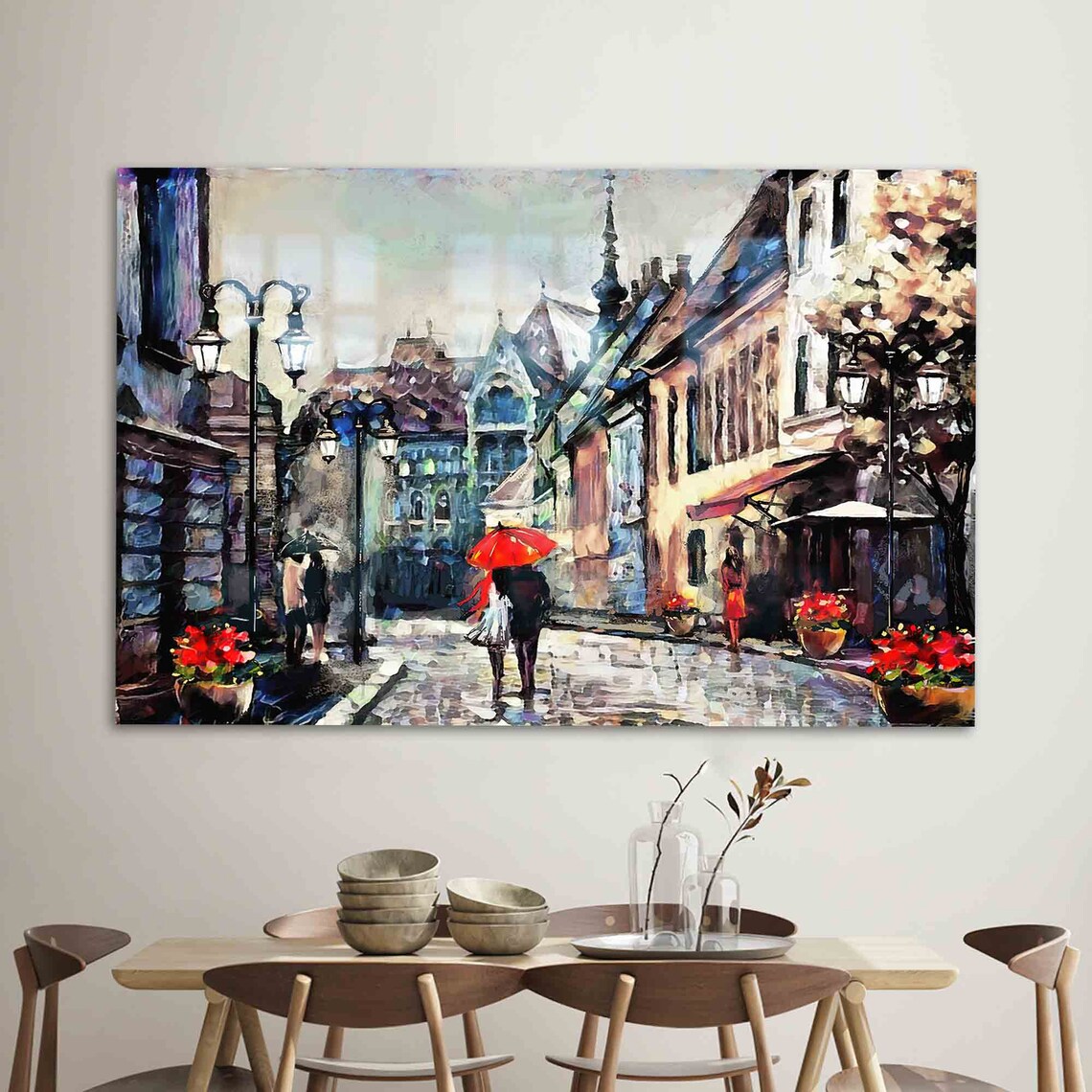 Lovers Under Red Umbrella Rainy Old Town Street Painting Poster