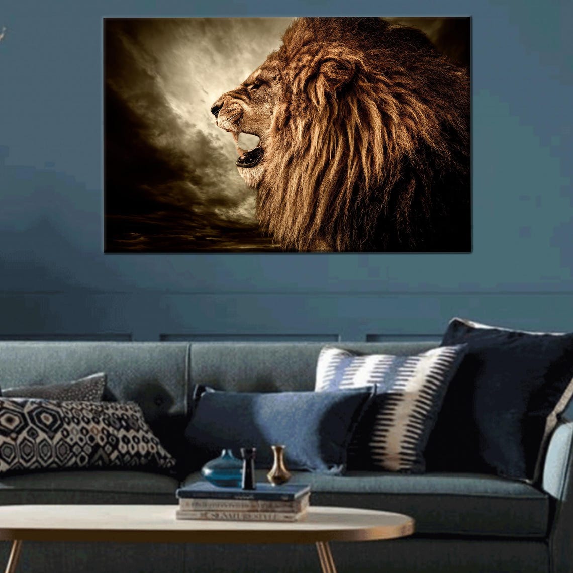 Roaring Lion Dramatic Stormy Sky Wildlife Portrait Canvas Poster